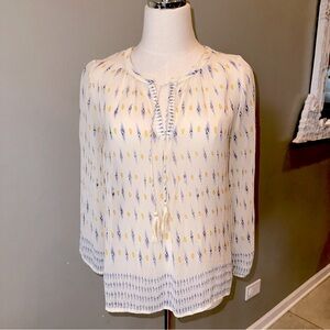 JOIE Ivory Blue Yellow Ikat Silk Blouse Top XS